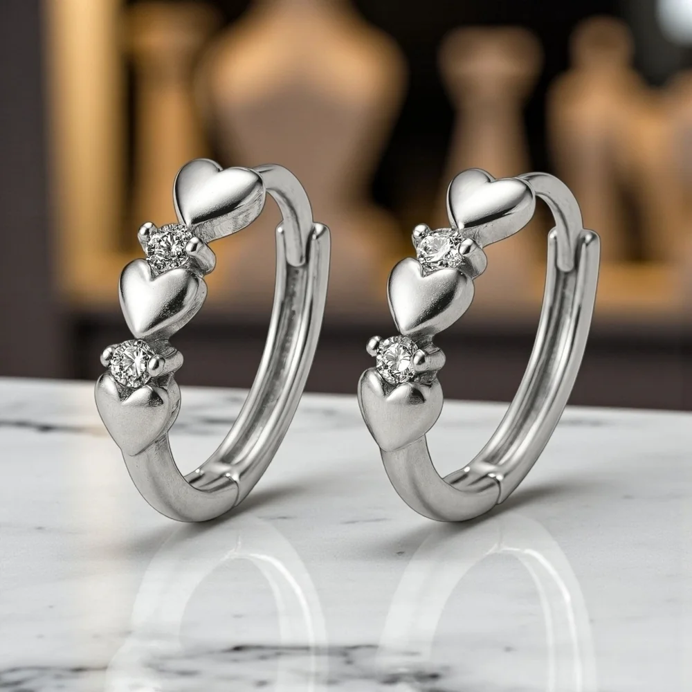 Minimalist Hoop Heart Earrings S925 Sterling Silver Dainty Zirconia Gift